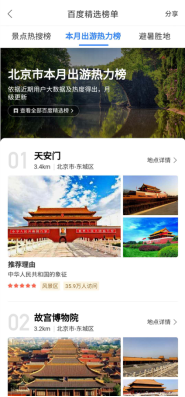 百度地图推出“本月出游热力榜”，天安门成北京市九月出游热力榜TOP1