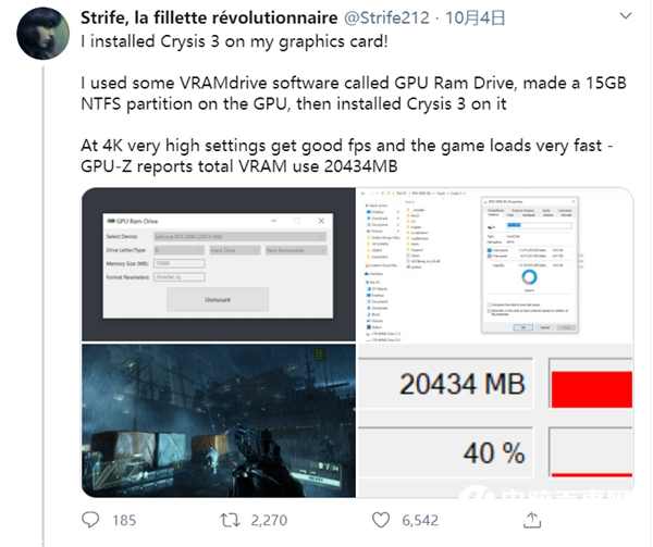 如何喂饱RTX 3090的24GB显存？网友实测VRAM安装《孤岛危机3》
