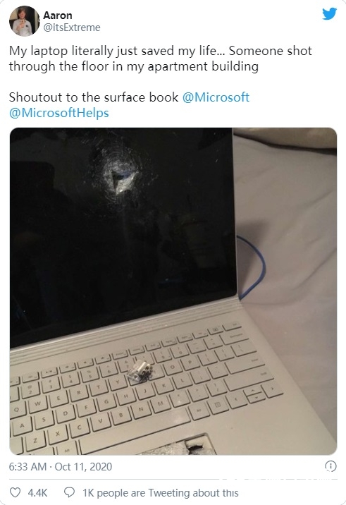 微软 Surface Book 也能挡枪击子弹，“救”了一条命