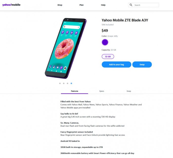 雅虎移动推出首款运营手机：中兴Blade A3Y 售价49美元