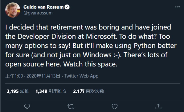 Python 之父 Guido van Rossum 退休失败，正式加入微软