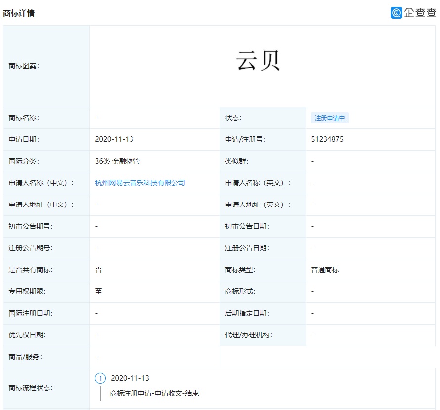网易云音乐正申请注册 “云贝”商标