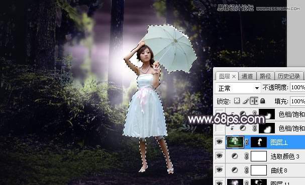 ps调出林中美女照片暗色逆光效果图