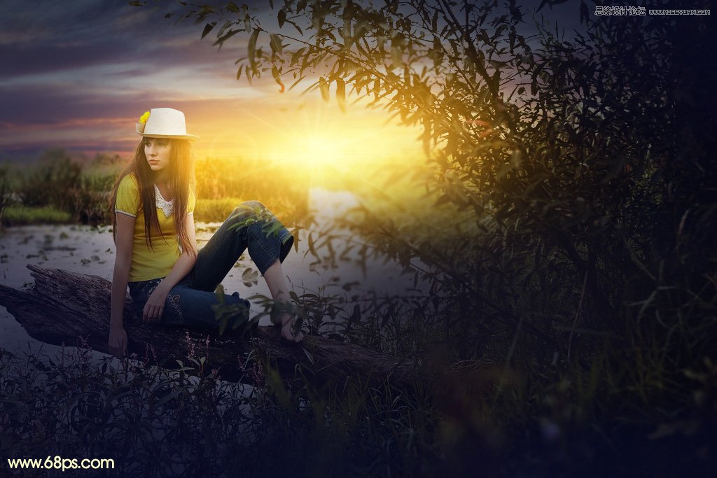 用PS给外景美女人像添加夕阳美景效果