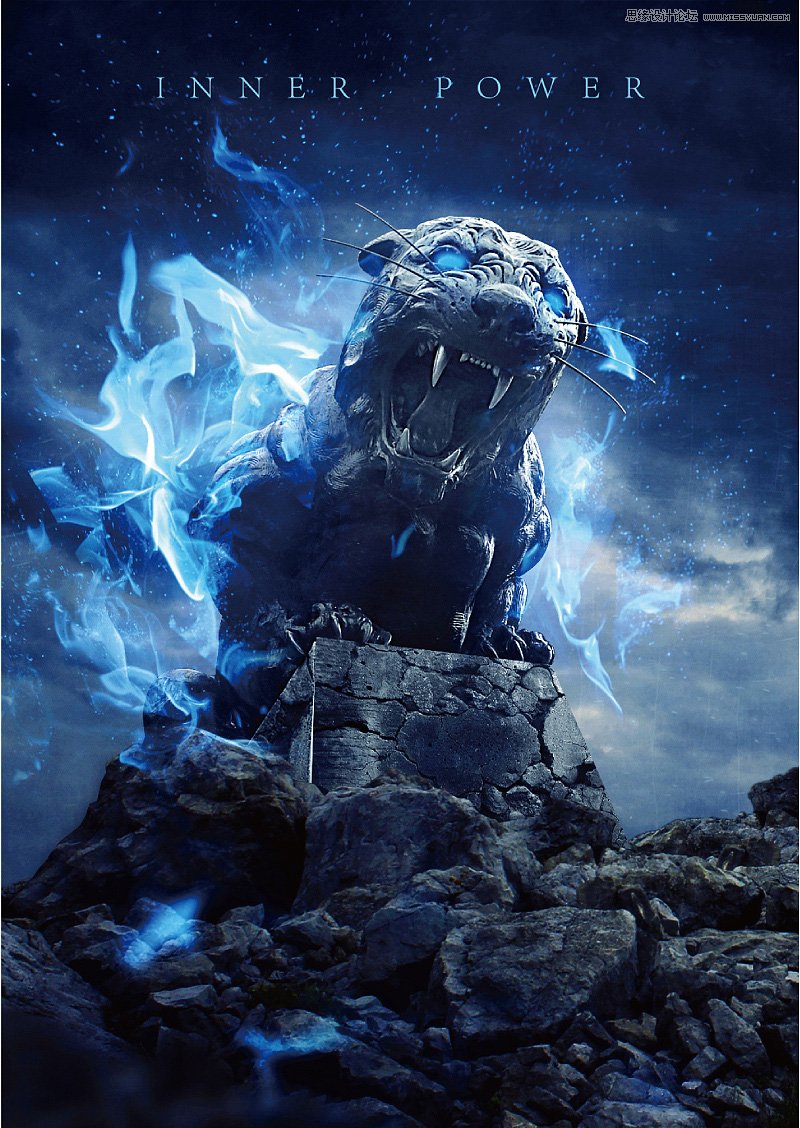 用PS软件合成荒野中发着蓝光的石狮子