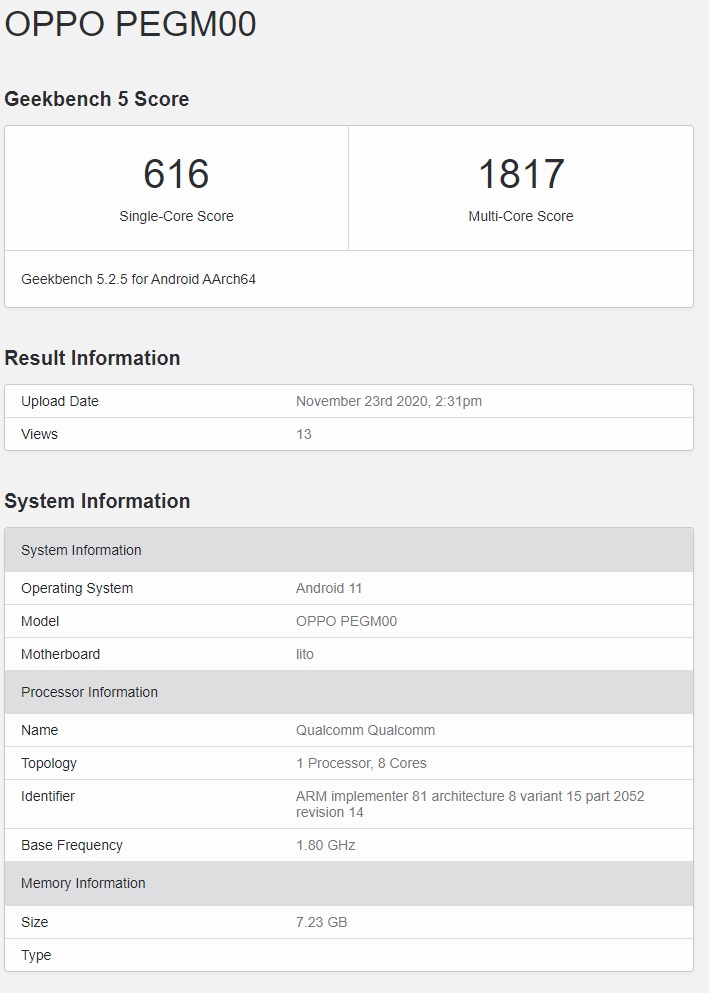 OPPO Reno 5 系列现身 Geekbench：骁龙 765G 与天玑 1000+