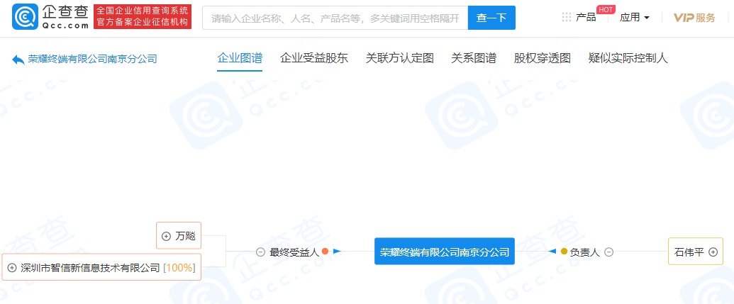荣耀成立南京分公司，负责人为石伟平，从事零售业