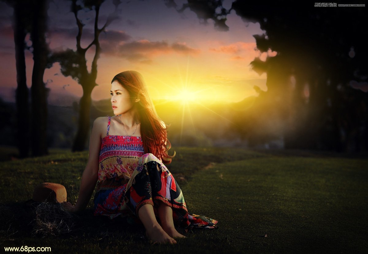 ps给外景草地美女添加夕阳光效效果