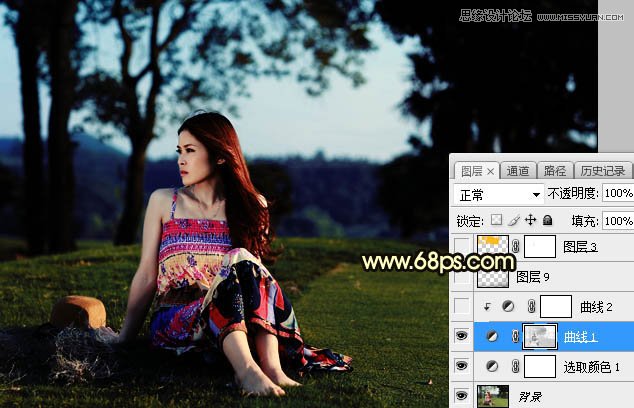 ps给外景草地美女添加夕阳光效效果