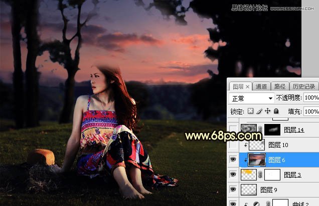 ps给外景草地美女添加夕阳光效效果