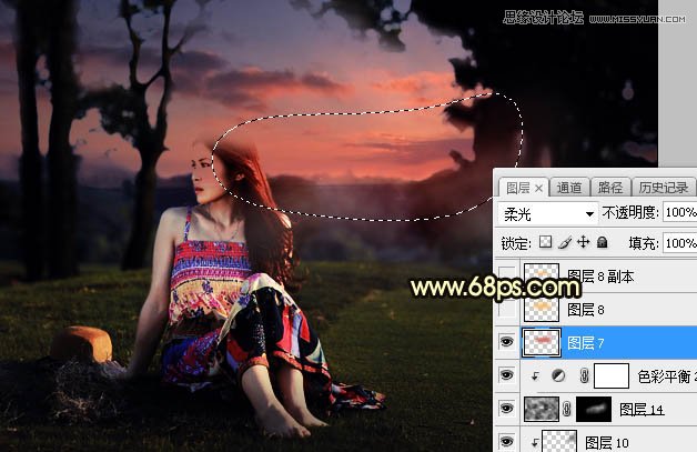ps给外景草地美女添加夕阳光效效果
