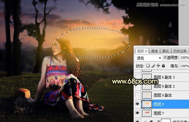 ps给外景草地美女添加夕阳光效效果