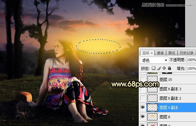 ps给外景草地美女添加夕阳光效效果