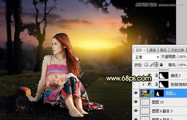 ps给外景草地美女添加夕阳光效效果