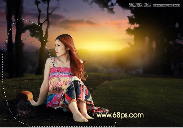 ps给外景草地美女添加夕阳光效效果