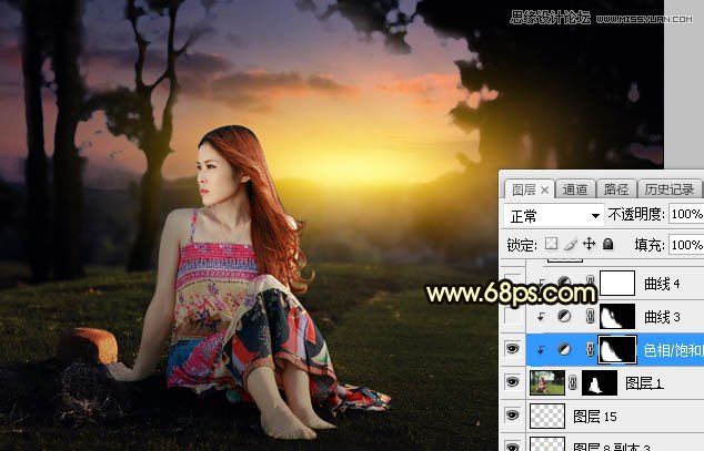 ps给外景草地美女添加夕阳光效效果