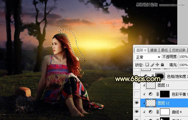 ps给外景草地美女添加夕阳光效效果