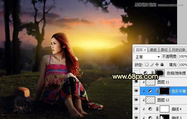 ps给外景草地美女添加夕阳光效效果