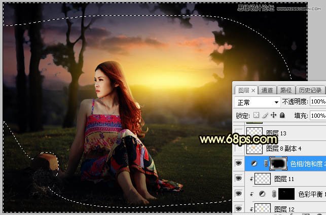 ps给外景草地美女添加夕阳光效效果