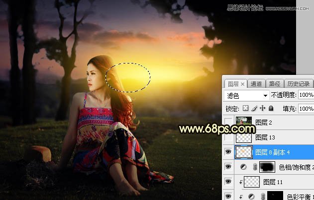 ps给外景草地美女添加夕阳光效效果