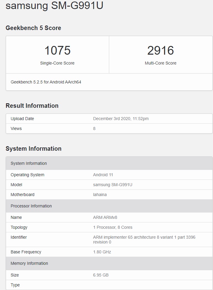 三星 Galaxy S21 现身 GeekBench:搭载骁龙 888 芯片,运行安卓 11