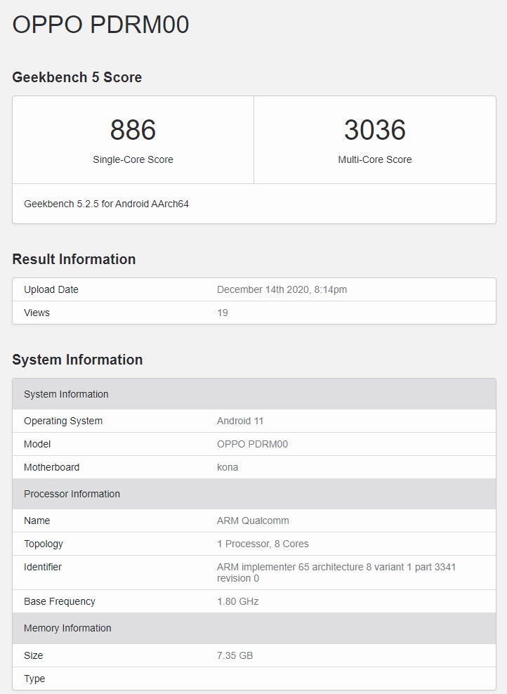 OPPO Reno5 Pro+ 现身 GeekBench，骁龙 865 加持