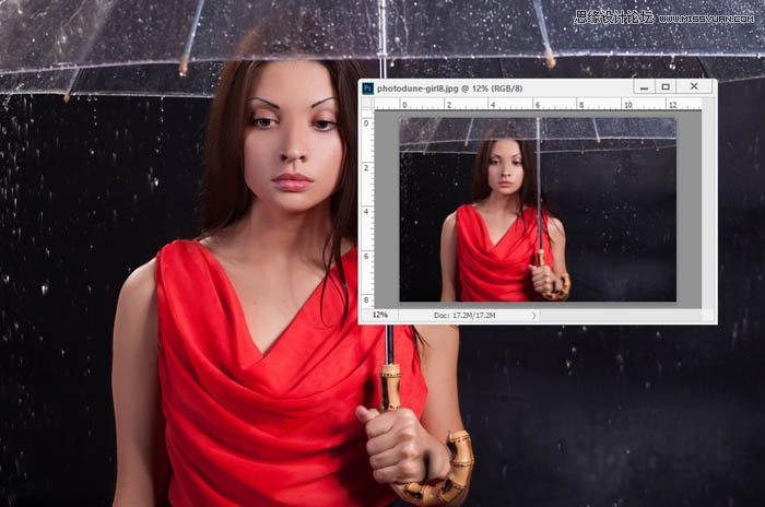 用ps给欧美打伞的人像照片添加夜景效果