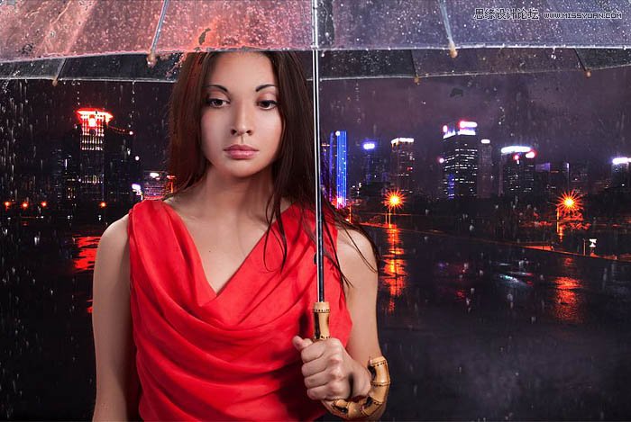 用ps给欧美打伞的人像照片添加夜景效果