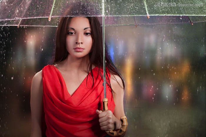 用ps给欧美打伞的人像照片添加夜景效果