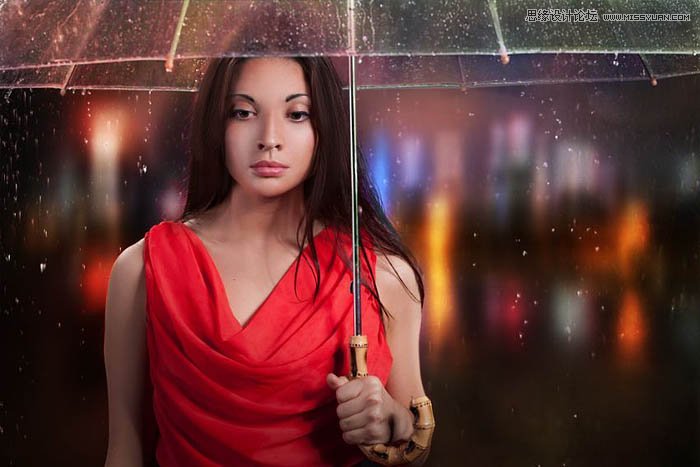 用ps给欧美打伞的人像照片添加夜景效果