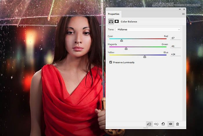 用ps给欧美打伞的人像照片添加夜景效果
