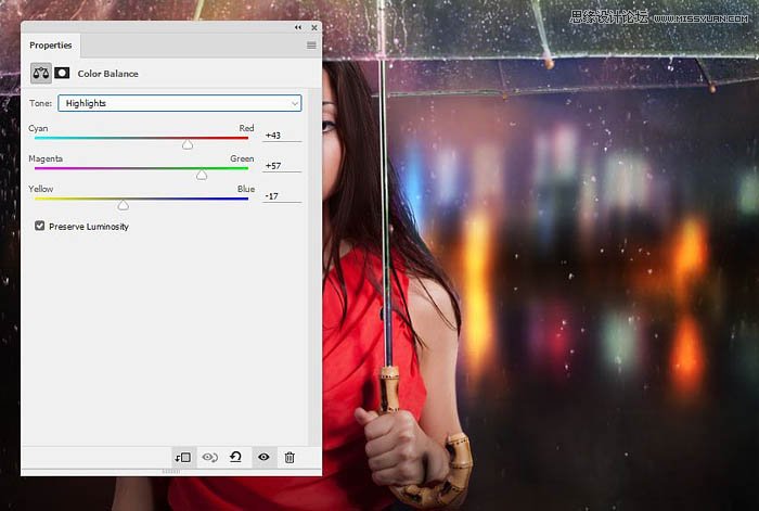 用ps给欧美打伞的人像照片添加夜景效果