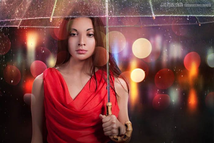 用ps给欧美打伞的人像照片添加夜景效果