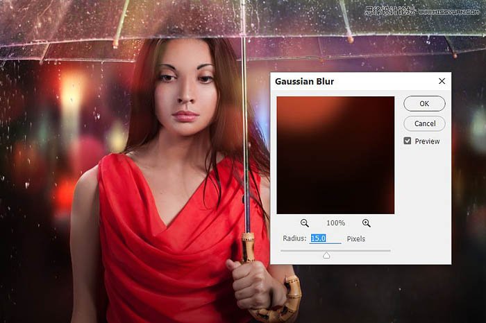 用ps给欧美打伞的人像照片添加夜景效果