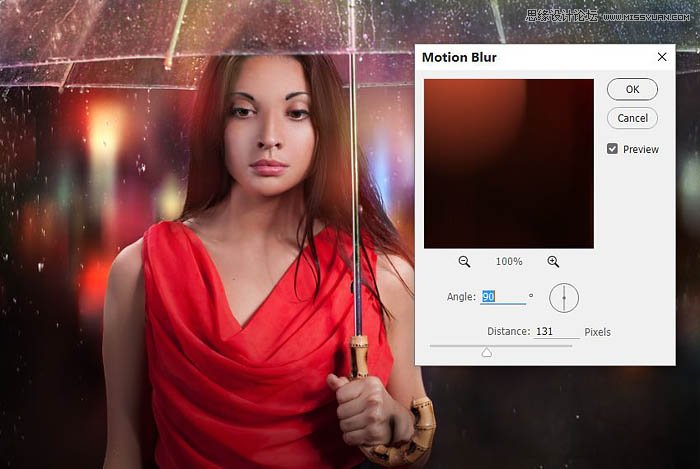 用ps给欧美打伞的人像照片添加夜景效果