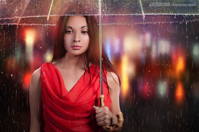 用ps给欧美打伞的人像照片添加夜景效果