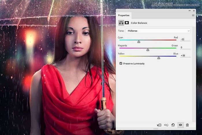用ps给欧美打伞的人像照片添加夜景效果