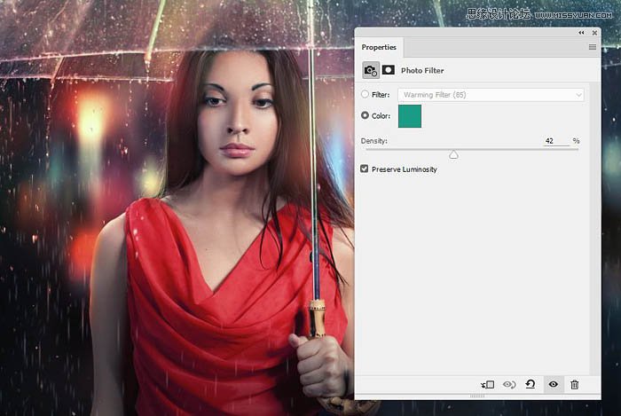 用ps给欧美打伞的人像照片添加夜景效果