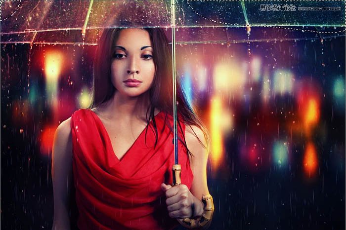 用ps给欧美打伞的人像照片添加夜景效果