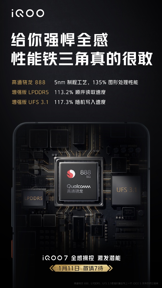 iQOO 7 性能铁三角配置官宣：骁龙 888 + 增强版 LPDDR5 + 增强版 UFS 3.1