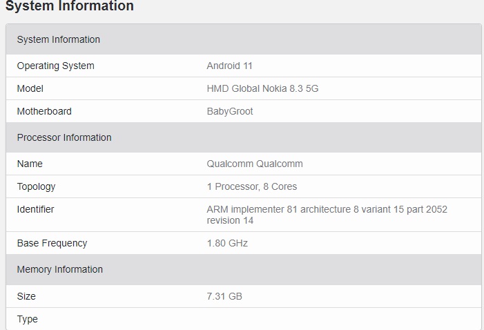 运行安卓 11 的诺基亚 8.3 5G 现身 Geekbench