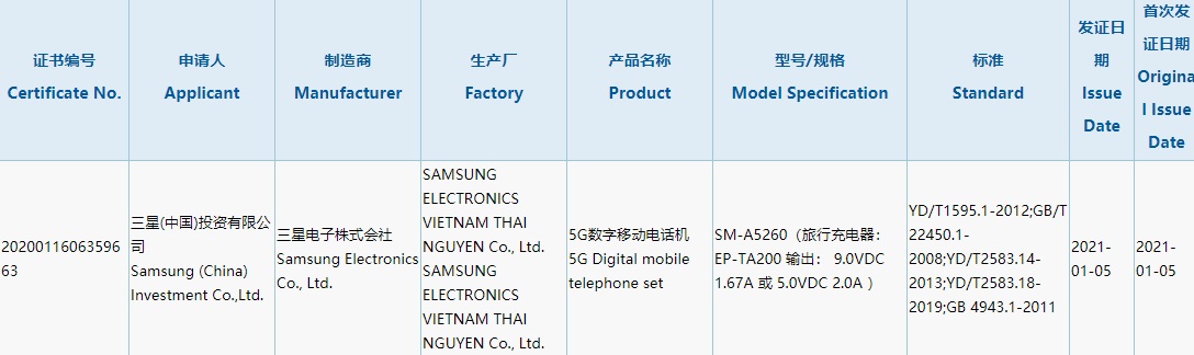 三星主力中端机 Galaxy A52 5G 国行版入网：配备 15W 充电器