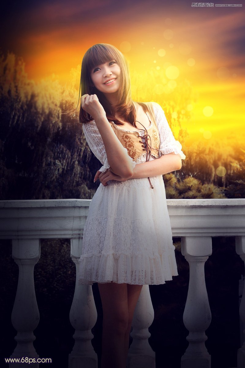 PS给外景可爱美女照片添加夕阳美景