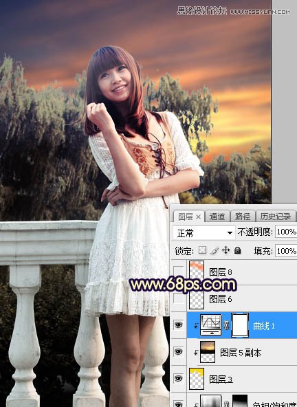 PS给外景可爱美女照片添加夕阳美景