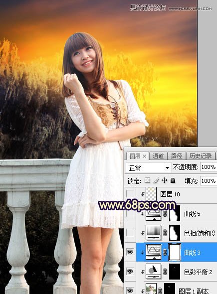 PS给外景可爱美女照片添加夕阳美景