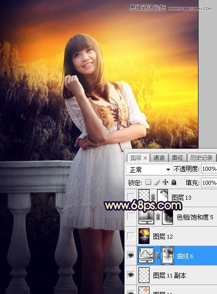 PS给外景可爱美女照片添加夕阳美景