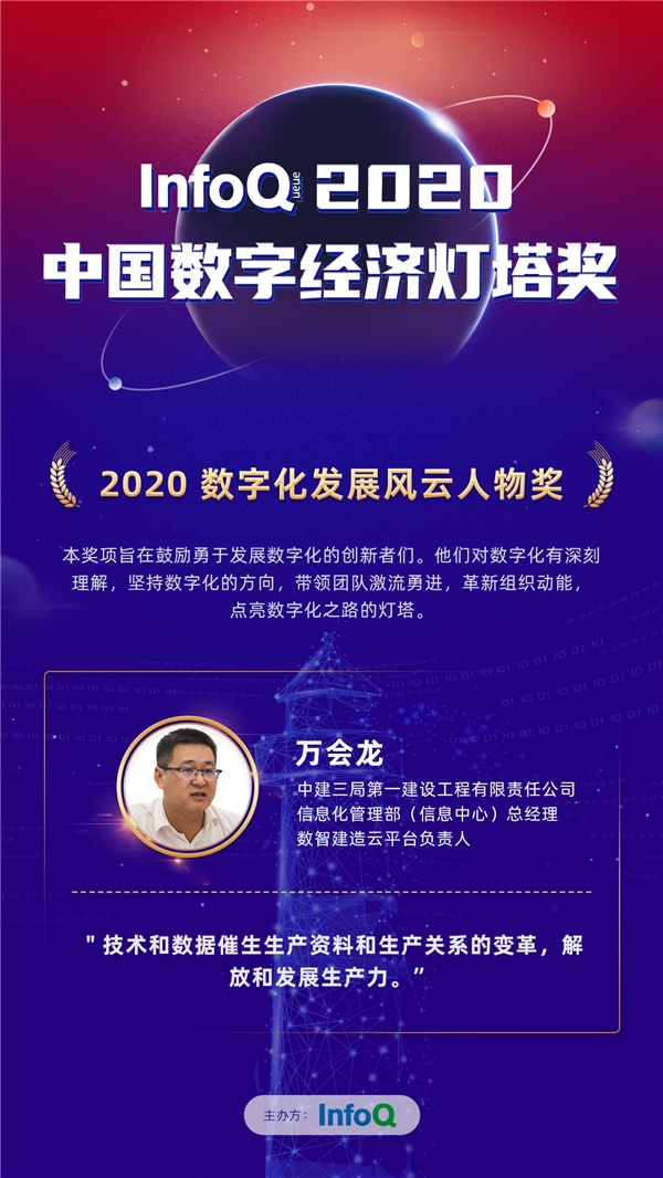 中建三局第一建设工程有限责任公司信息化管理部总经理万会龙获InfoQ 2020中国数字经济灯塔奖数字