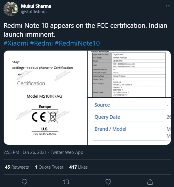 Redmi Note 10 通过莱茵认证,爆料者称即将发布