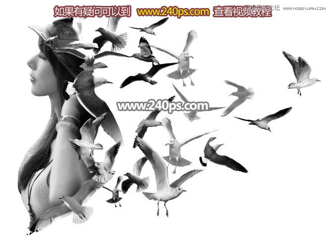 PS制作美女人像被鸟群打散特效