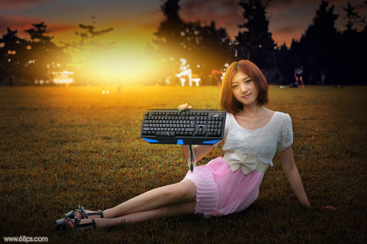 PS给草地女孩添加夕阳光效效果